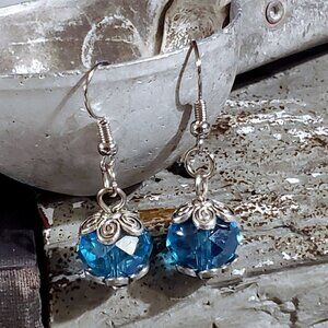 Vintage Turquoise Blue Crystal Beads Antique Silver Carved Accents Earrings